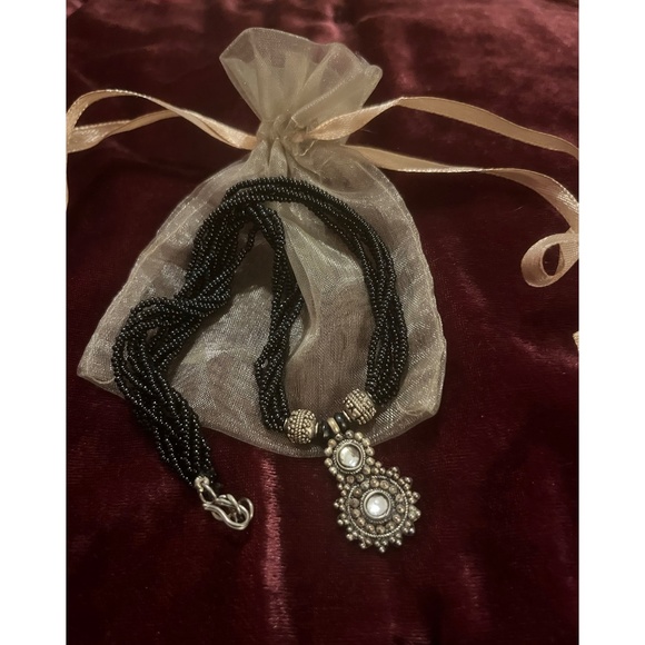 Hand Beaded Necklace With Silver Tone Pendant & Crystals - Picture 4 of 5